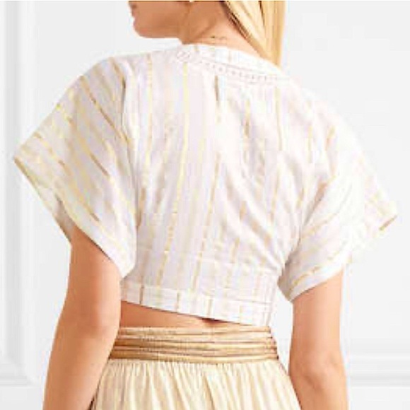 Miguelina Saanchi Cropped Striped Metallic Cotton Gauze Tie Front Tassel Top‎ S - Picture 3 of 11